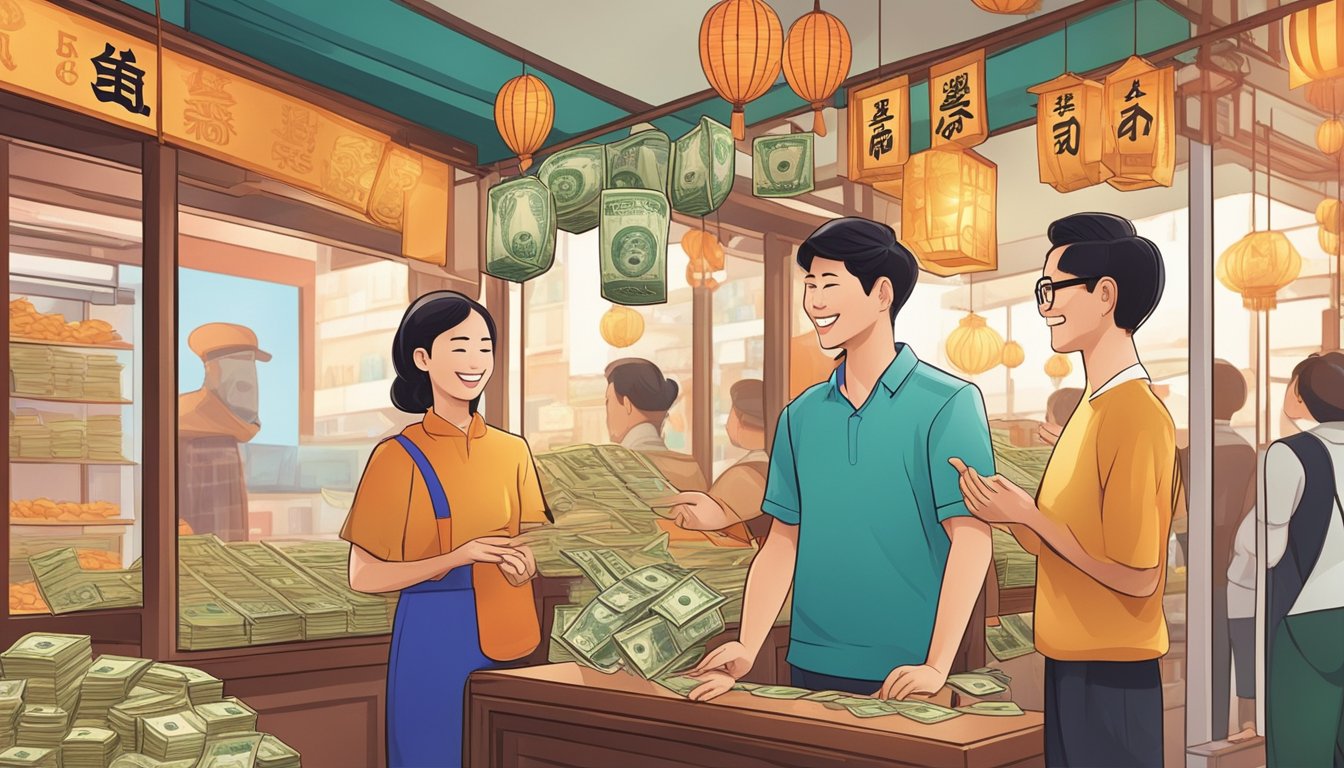 A customer smiling while receiving money from a friendly money lender in a bright and welcoming Chinatown shop