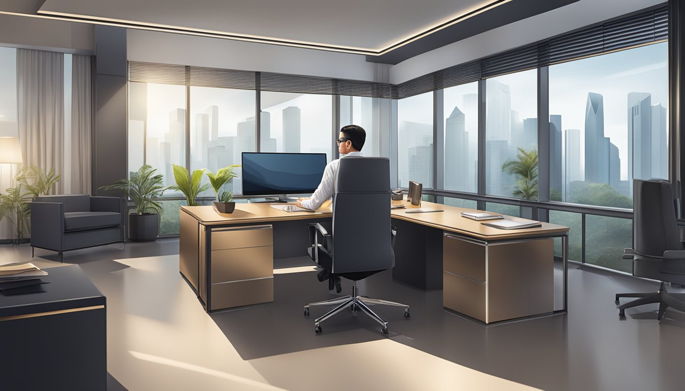 A luxurious office setting with a sleek, modern interior. A professional-looking individual sits behind a desk, exuding confidence and authority. The atmosphere is sophisticated and exclusive, reflecting elite moneylending services in Singapore