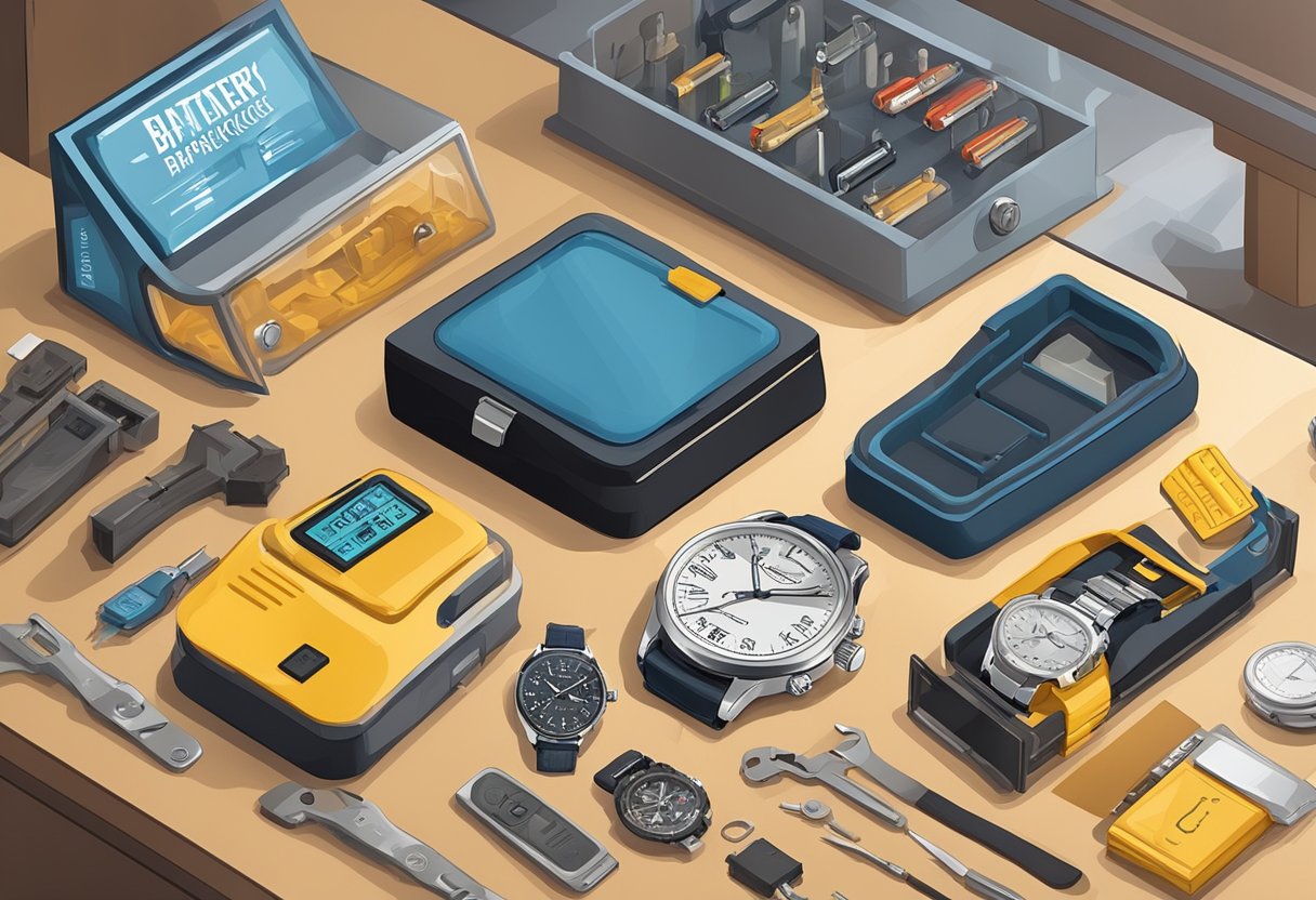 A watch with a dead battery next to a professional watch repair shop and a DIY battery replacement kit on a table. The shop has a sign advertising battery replacement services