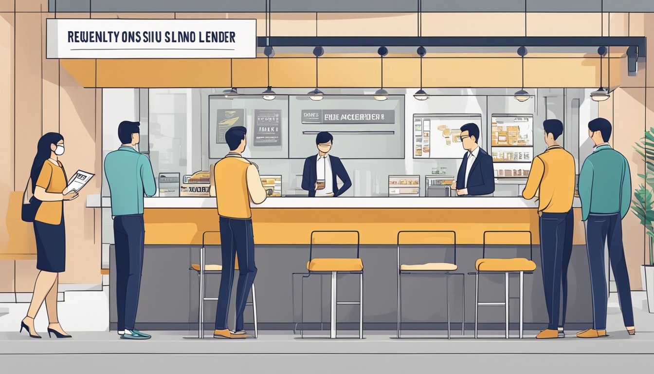 Customers lining up at a sleek, modern counter with a sign that reads "Frequently Asked Questions elite money lender singapore"