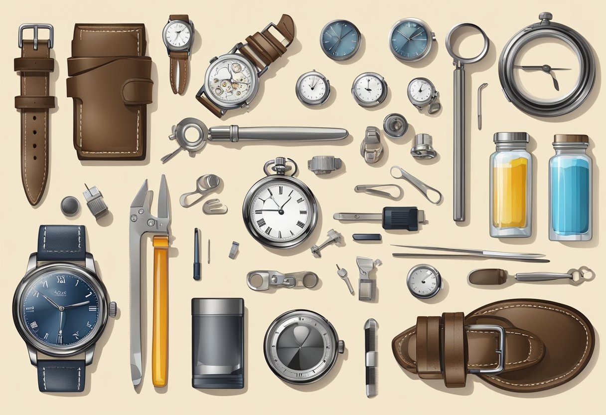 A table with various watch accessories: straps, buckles, tools, and cleaning supplies. A magnifying glass and a watch movement diagram are also present