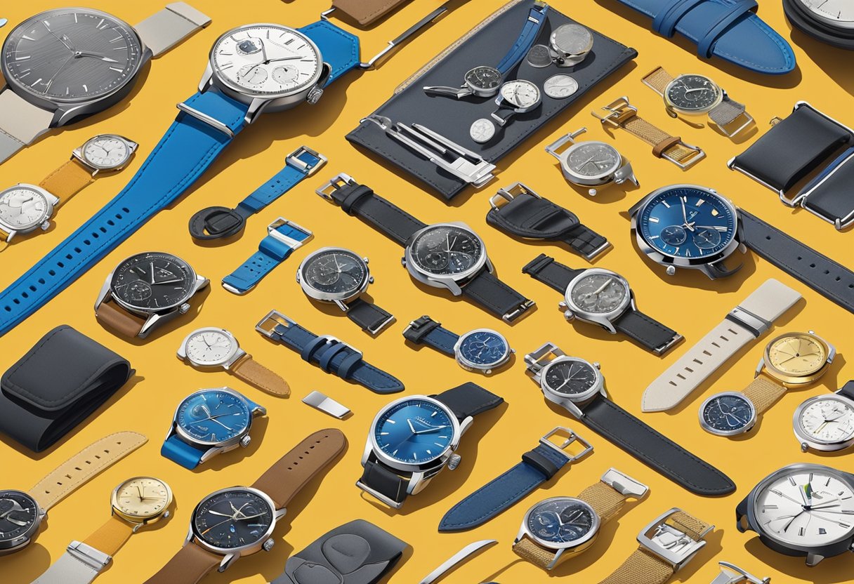 A variety of watch accessories spread out on a table, including watch straps, tools, and storage cases. Bright lighting highlights the details of each accessory