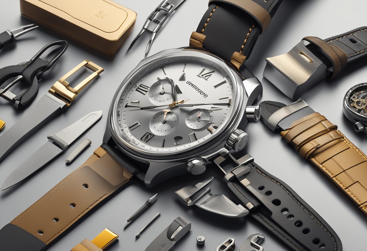 A watch surrounded by various accessories like straps, buckles, and tools, displayed on a clean, modern surface with good lighting