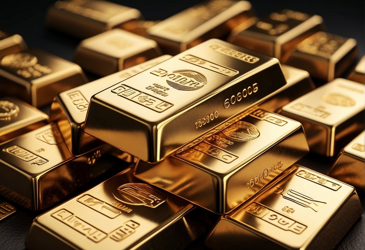 A stack of gold bars surrounded by digital currency symbols, representing the concept of gold-backed cryptocurrencies