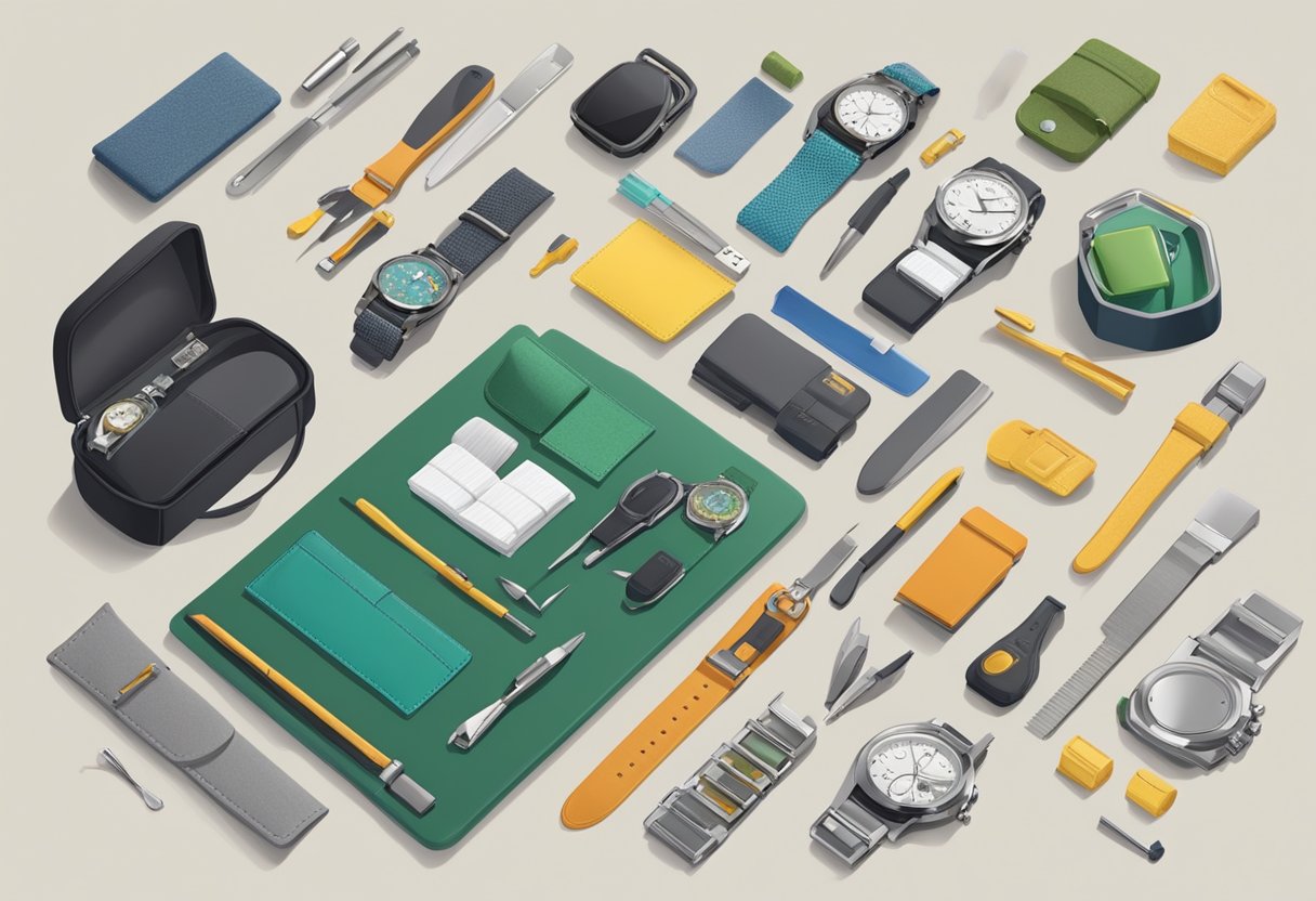 A table with various watch accessories laid out neatly, including tools, cleaning supplies, and storage cases