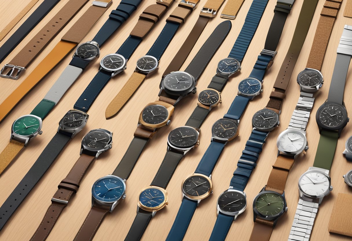 A display of various high-quality watch straps arranged neatly on a wooden surface with a variety of colors, materials, and designs