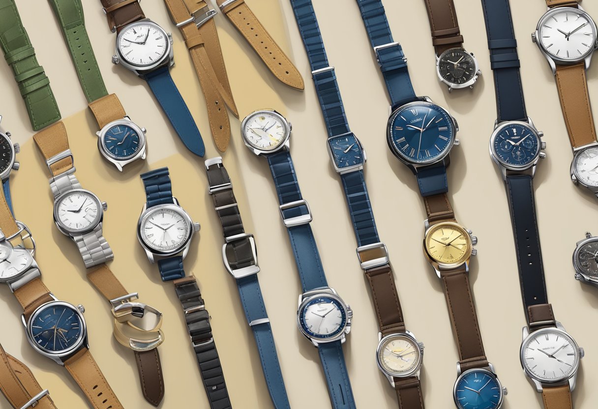 A display of various watch straps in different materials and styles, arranged neatly on a table or display case, with a variety of watches to show the importance of versatility in watch straps