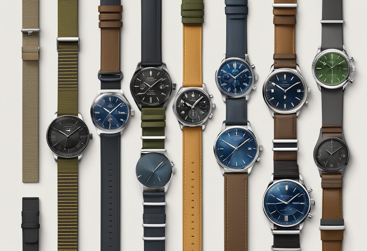 A collection of high-quality watch straps displayed on a sleek, modern surface. Various textures and colors are showcased, highlighting the importance of choosing the right strap for different watch styles