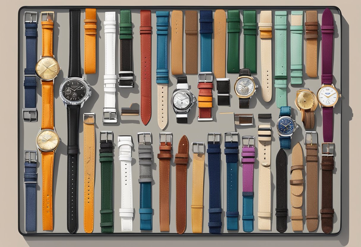 A display of various high-quality watch straps arranged neatly on a velvet-lined tray, showcasing a variety of colors, materials, and styles