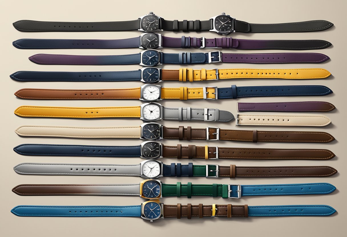 A display of various watch straps in different colors, materials, and styles arranged neatly on a table or stand. Bright lighting highlights the details and textures of the straps