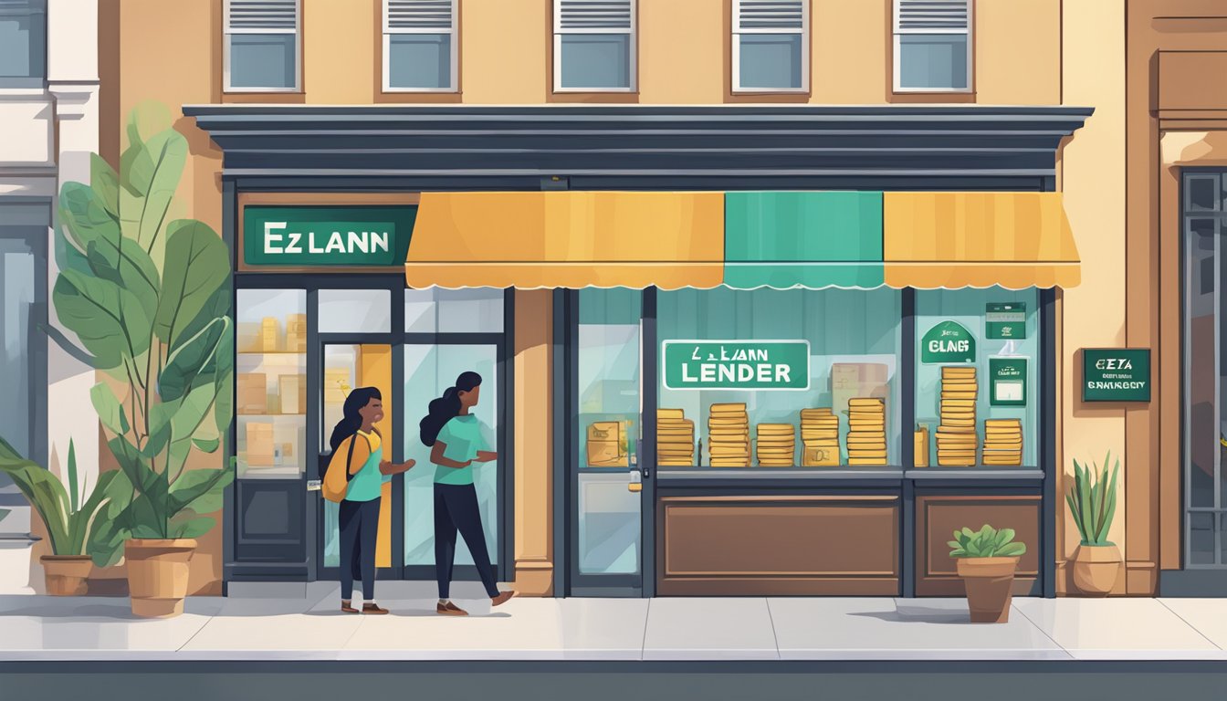 A storefront with a bright sign reading "EZ Loan Money Lender" above the entrance. A line of customers inside, with a teller at the counter