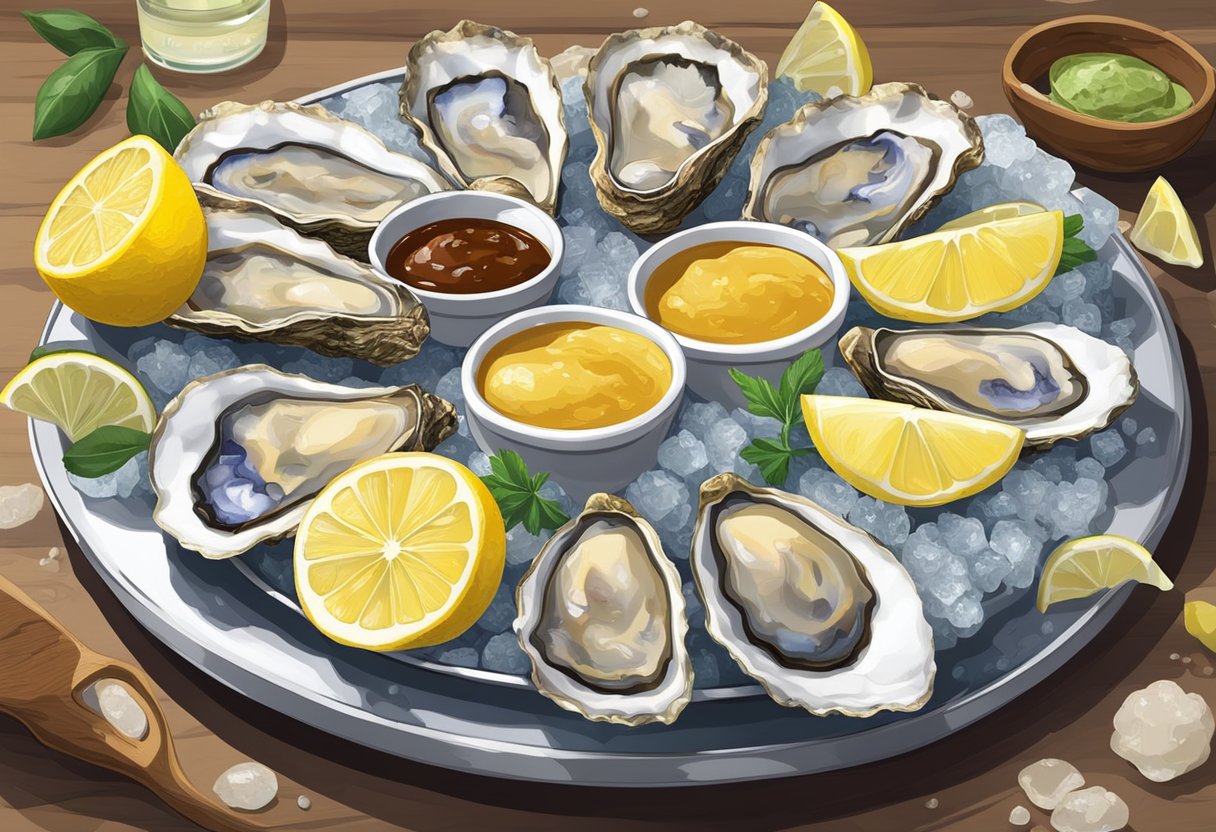 A platter of fresh oysters on ice, surrounded by lemon wedges and a variety of dipping sauces. The oysters are glistening and inviting, with their shells slightly open to reveal the succulent meat inside