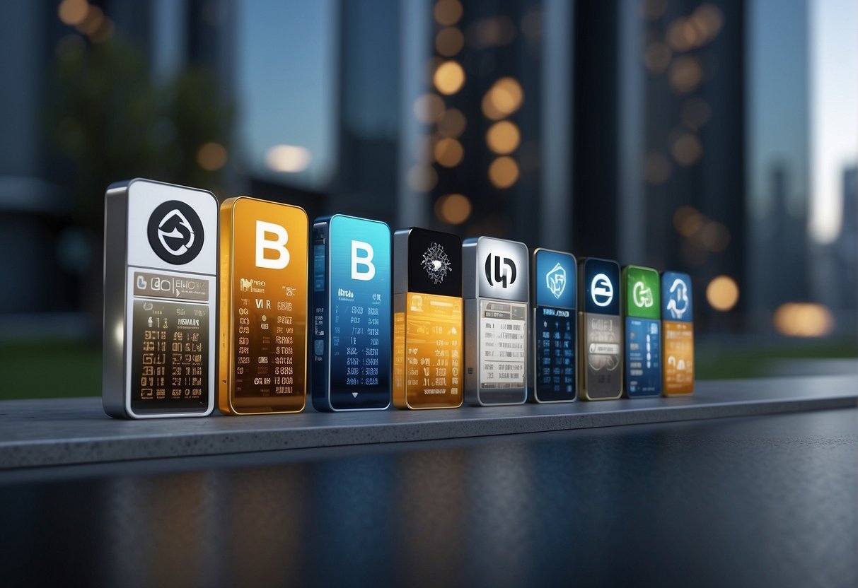 A row of modern buildings with prominent bank logos, surrounded by digital currency symbols