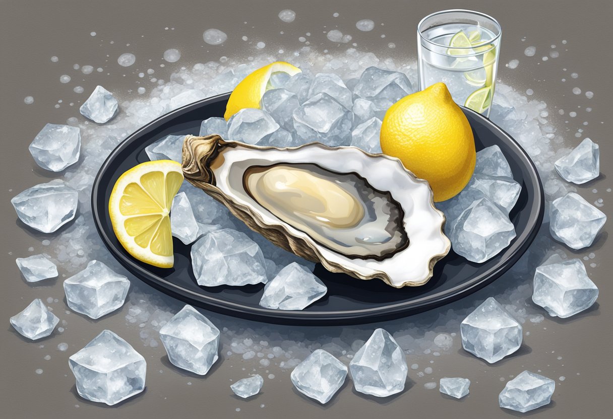 A single oyster sitting on a bed of crushed ice, surrounded by lemon wedges and a small dish of cocktail sauce