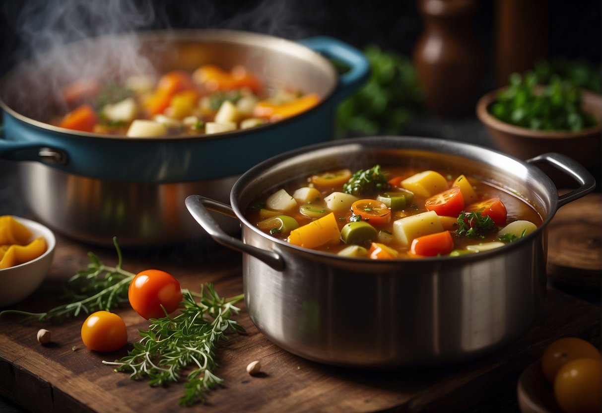 A pot of simmering vegetarian stew with colorful vegetables, herbs, and spices, steam rising and filling the kitchen with a comforting aroma