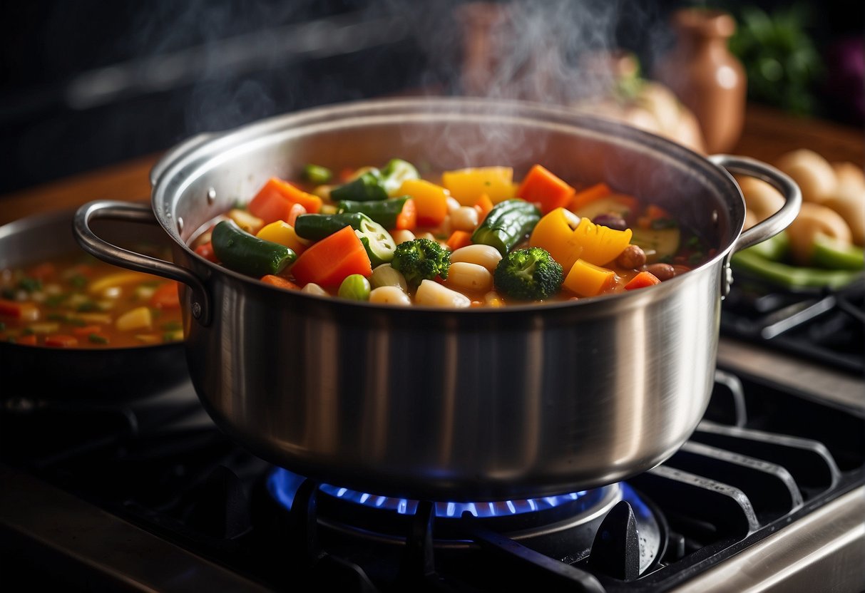 A pot simmering on a stove with colorful vegetables, beans, and herbs. Steam rises as the stew cooks, filling the kitchen with a warm, savory aroma