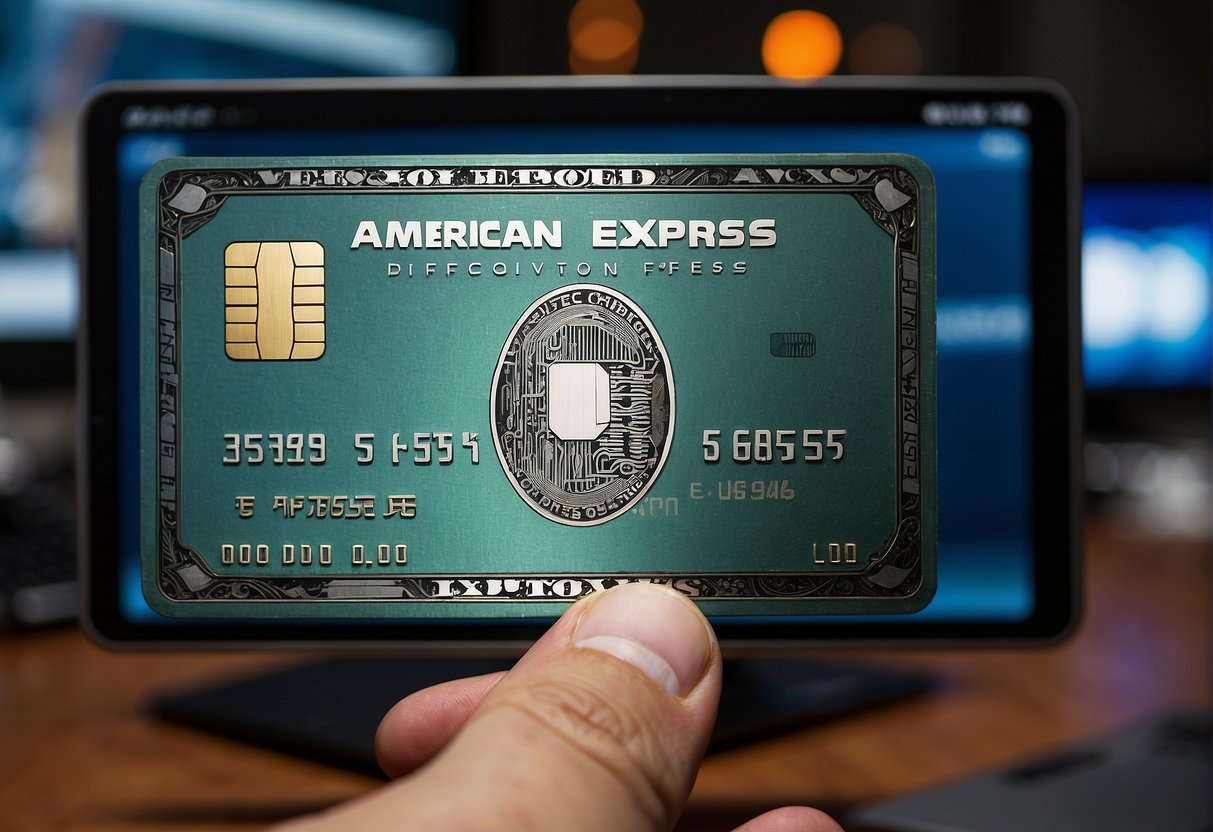 A hand holding an American Express card, with a computer screen showing a cryptocurrency exchange platform and a "buy" button highlighted