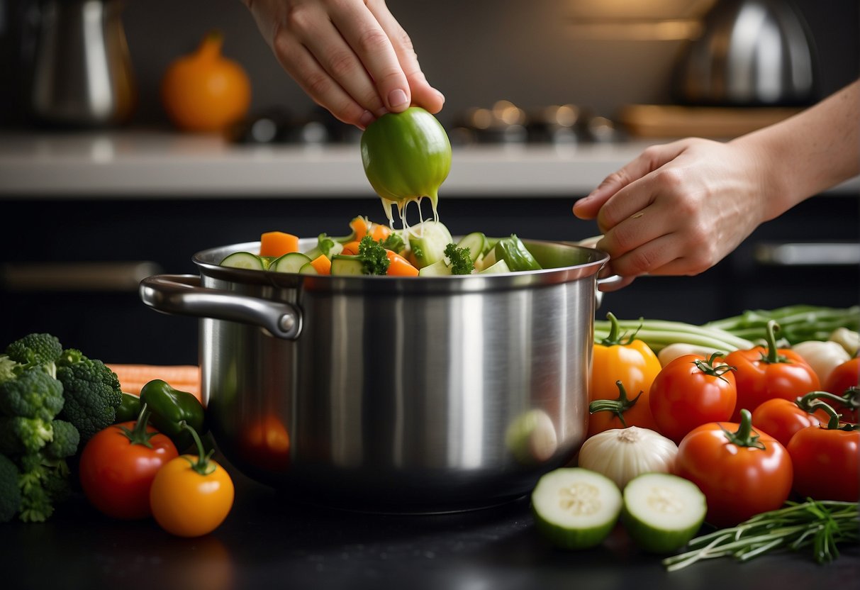 Chopping vegetables, simmering broth, adding spices to a bubbling pot