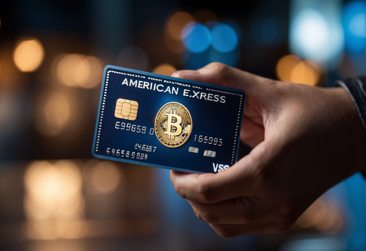 A person swiping an American Express card to purchase cryptocurrency, with various fees and costs displayed in the background