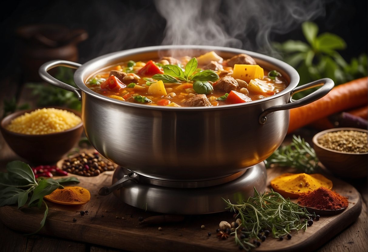 A pot of simmering stew surrounded by an array of colorful spices and herbs, with steam rising and filling the air with aromatic fragrance