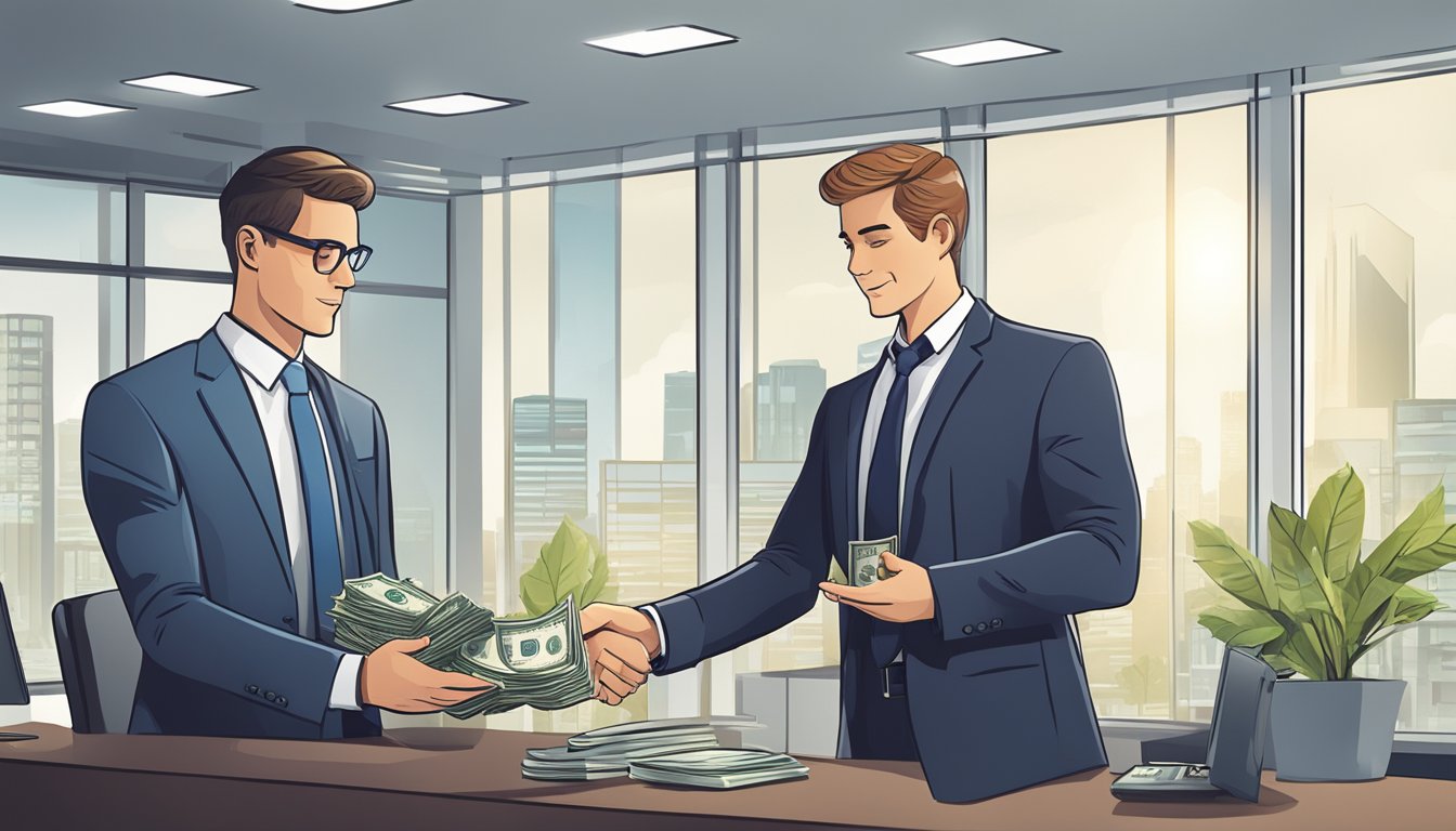 A well-dressed individual handing over cash to a professional-looking credit money lender in a modern office setting