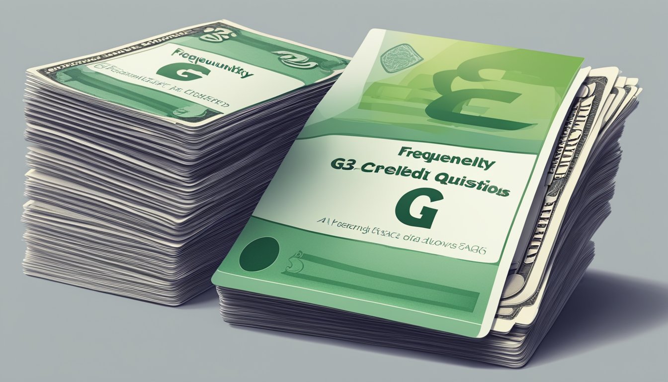 A stack of money lender FAQ cards with the title "Frequently Asked Questions g3 credit" displayed prominently