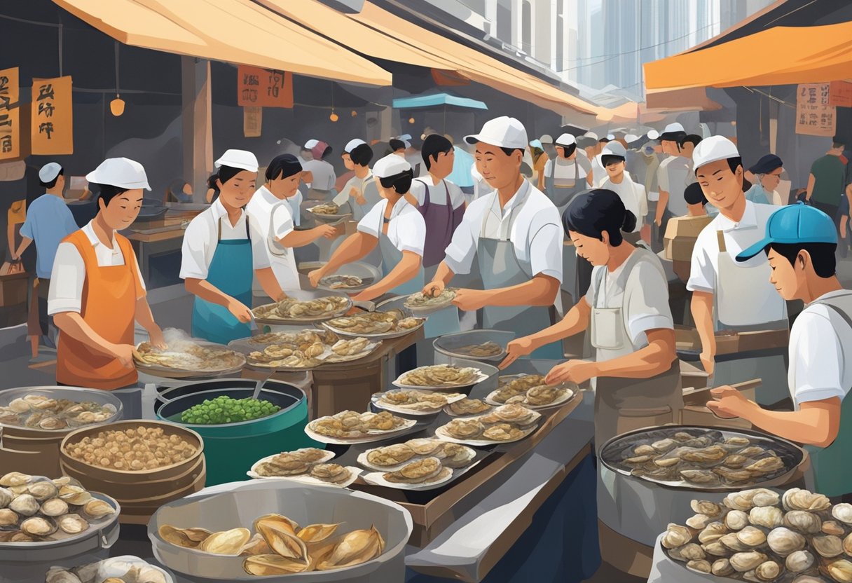 A bustling street market in Singapore, with vendors shucking oysters and serving them to eager customers. The air is filled with the sound of sizzling oysters and the aroma of spicy chili sauce