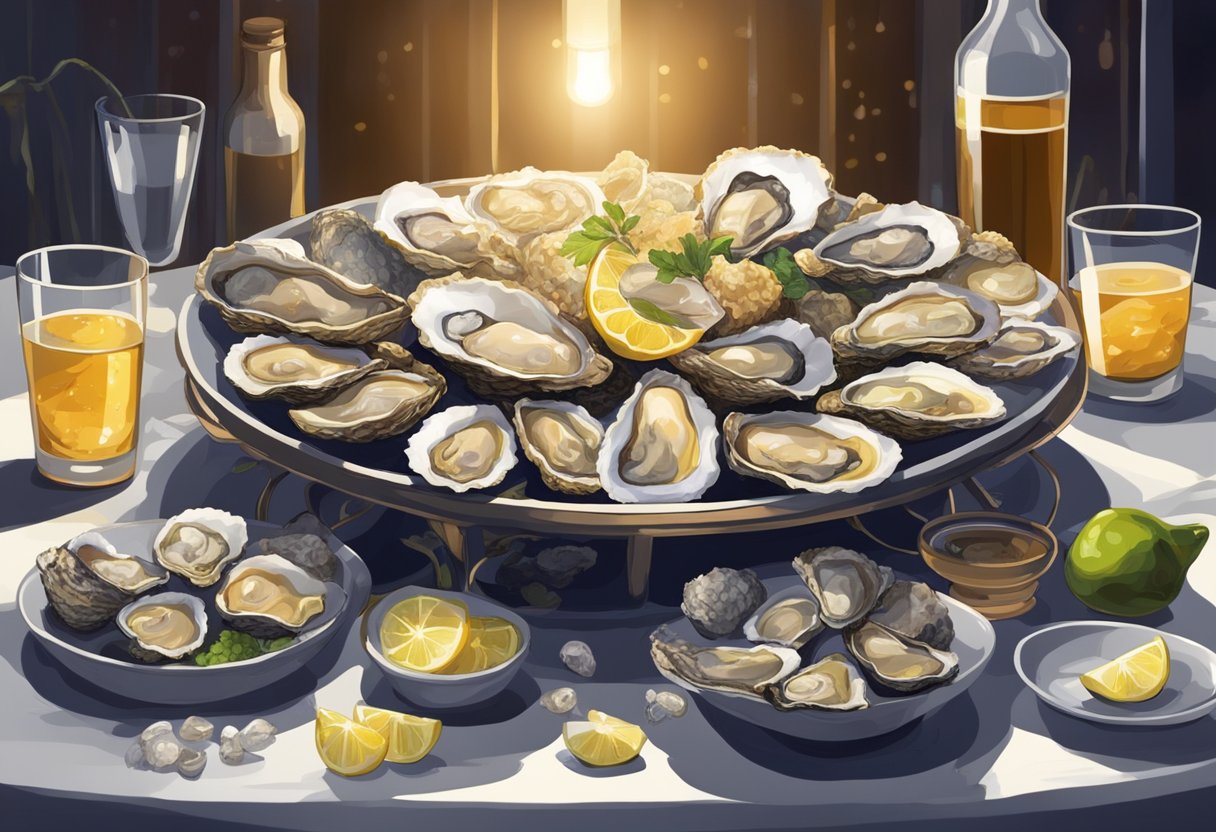 A table filled with various types of oysters, surrounded by eager tasters. Bright lights and a bustling atmosphere add to the excitement of exploring different flavors and textures