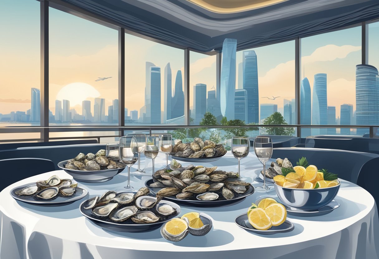 A table set with a variety of oysters on ice, surrounded by elegant dining ware and a view of the Singapore skyline