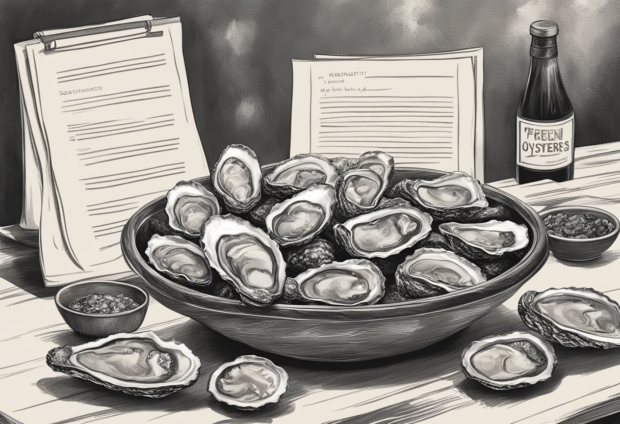A table with a bowl of fresh oysters, a menu, and a sign saying "Frequently Asked Questions about Oysters, Singapore"