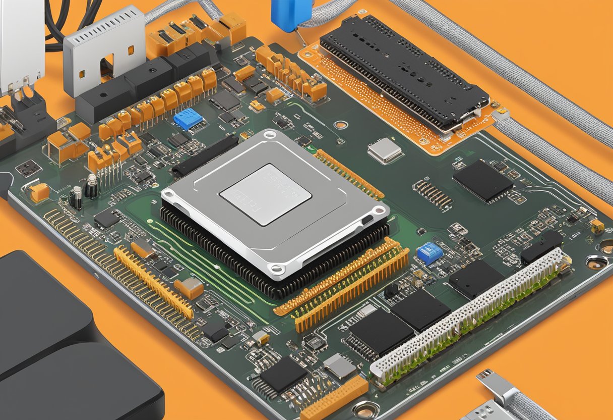 An Orange Pi 5 board sits on a sleek, modern desk. Cables connect to various ports as the board powers up, displaying its logo on a monitor