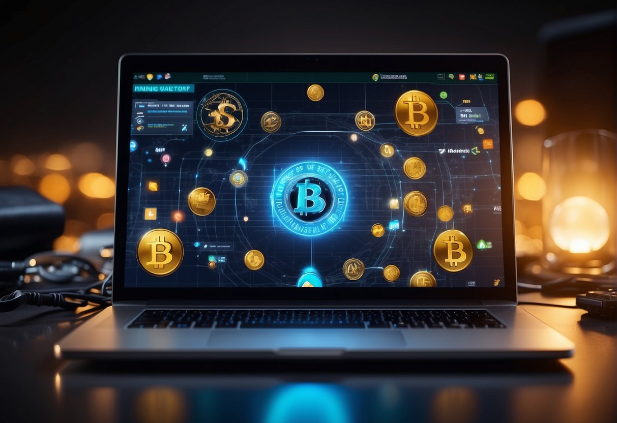 A computer screen displaying a digital wallet with a new cryptocurrency logo, surrounded by mining equipment and a glowing "mine for free" button