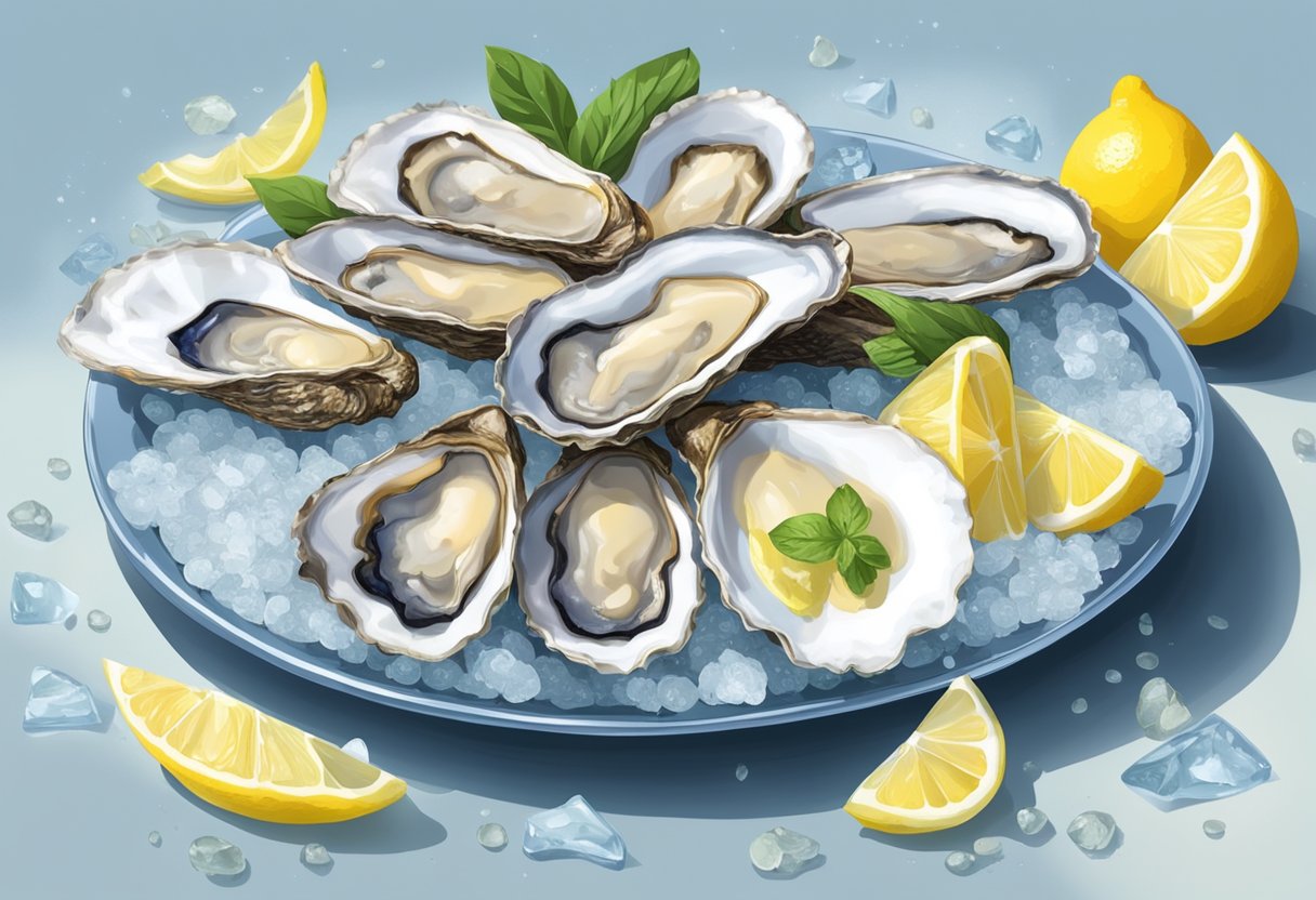 A plate of fresh oysters on ice, glistening in the soft light, surrounded by lemon wedges and a small dish of mignonette sauce