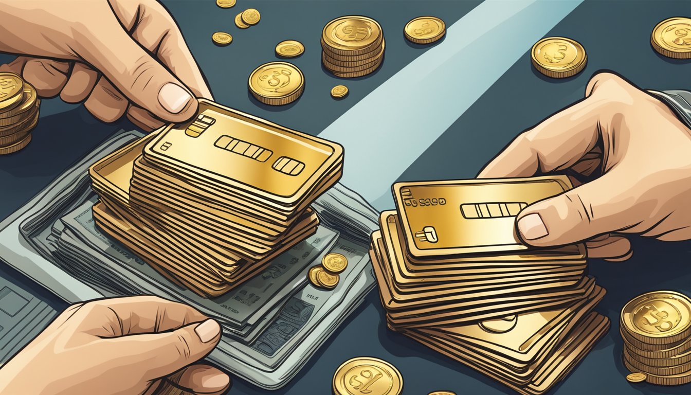 A shiny gold credit card is being handed over to a lender, with stacks of money and coins in the background