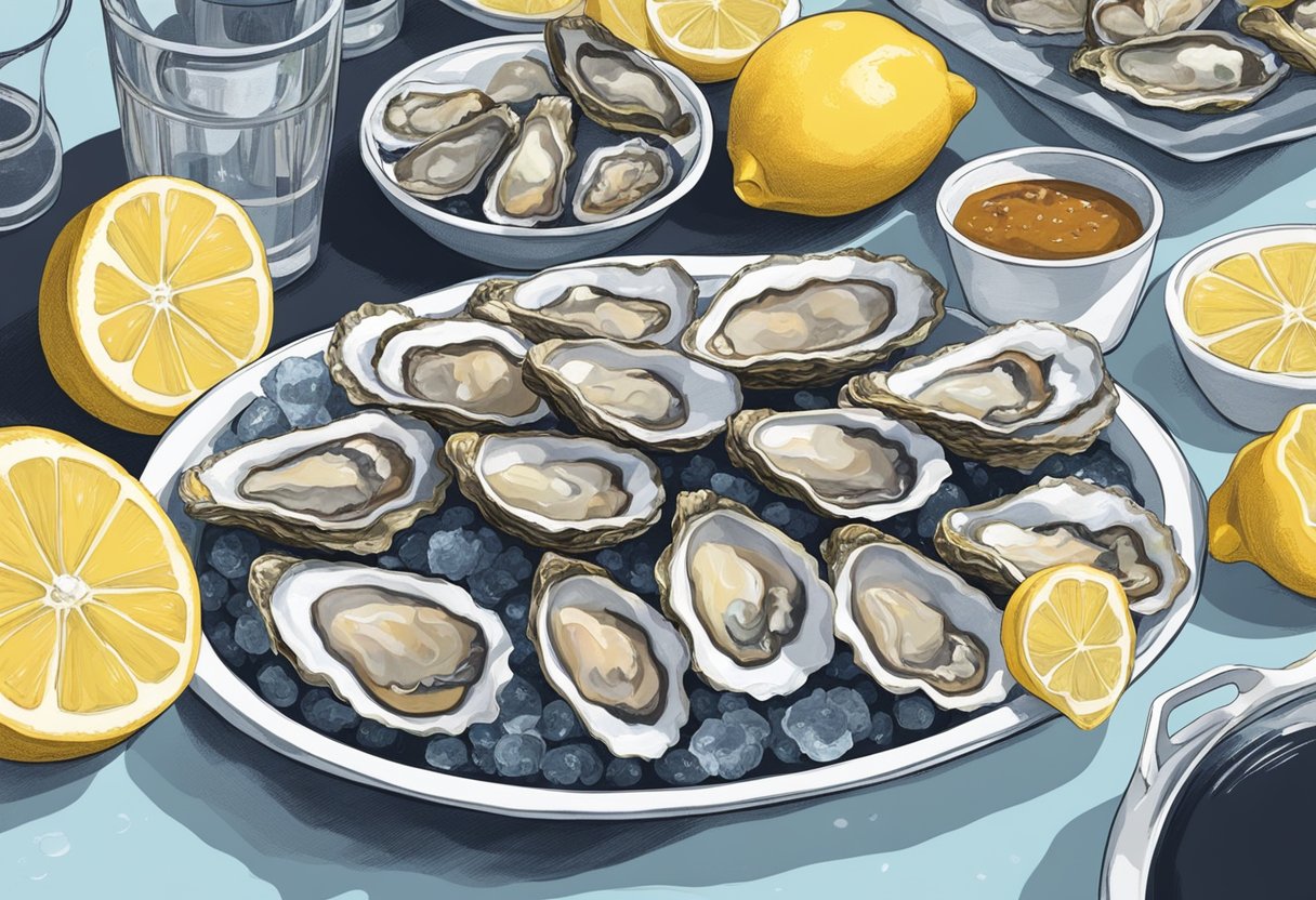A table set with a variety of oysters on ice, accompanied by lemon wedges, cocktail sauce, and mignonette. A group of people gathered around, chatting and enjoying the sensory experience of oyster dining