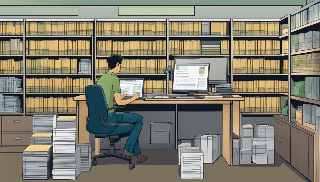A person sits at a desk, reviewing documents from 1st Capital Money Lender. The room is filled with shelves of financial files and a computer displaying loan information