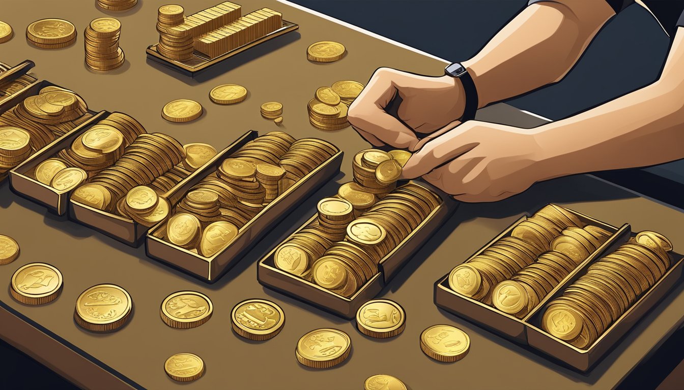 A gold credit money lender counting and inspecting gold coins and bars on a table