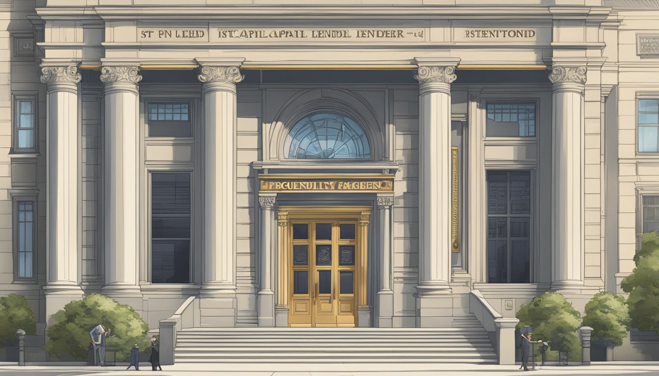 A grand, imposing building with "Frequently Asked Questions 1st Capital Money Lender" displayed prominently on the front in bold, elegant lettering