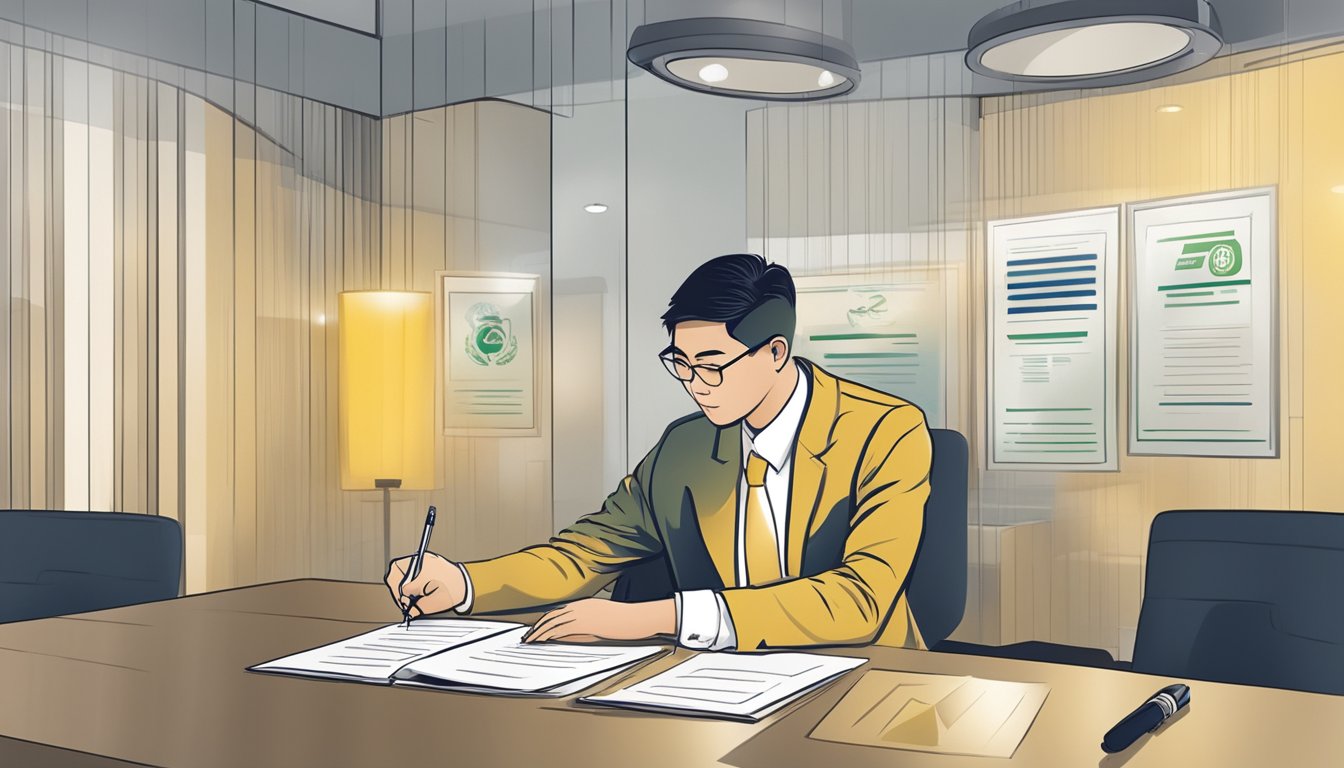 A person signing loan documents at a Singapore gold credit money lender's office. The lender's logo prominently displayed