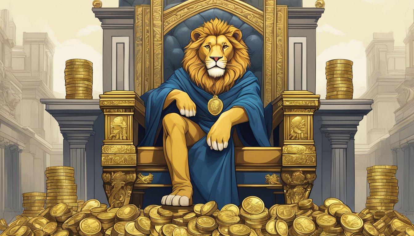 A regal lion sits atop a throne, surrounded by stacks of gold coins and bags of money, symbolizing wealth and power