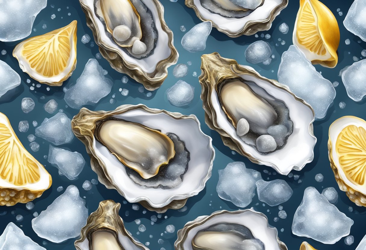 Frozen oysters lie on a bed of ice, their shells glistening with frost. A cold mist hovers over the delicate seafood, creating an atmosphere of icy freshness