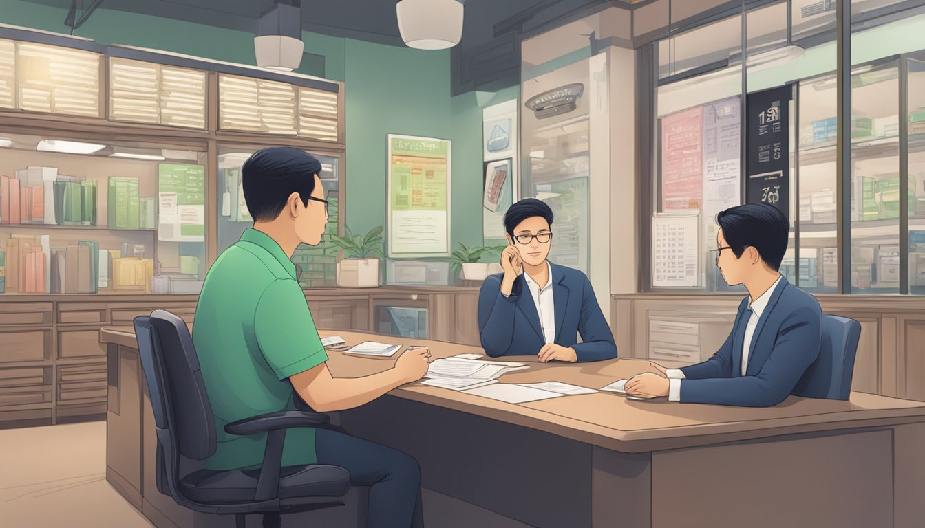 A money lender sits behind a desk, explaining loan terms to a customer. A sign on the wall reads "Understanding Money Lending in Singapore."