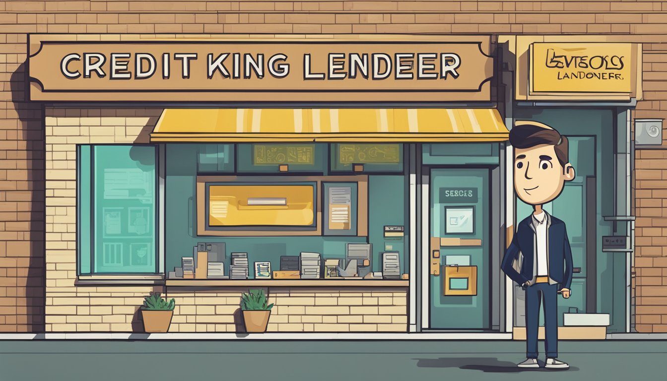 A person standing in front of a sign that reads "Credit King Money Lender," with a confident expression as they consider their options
