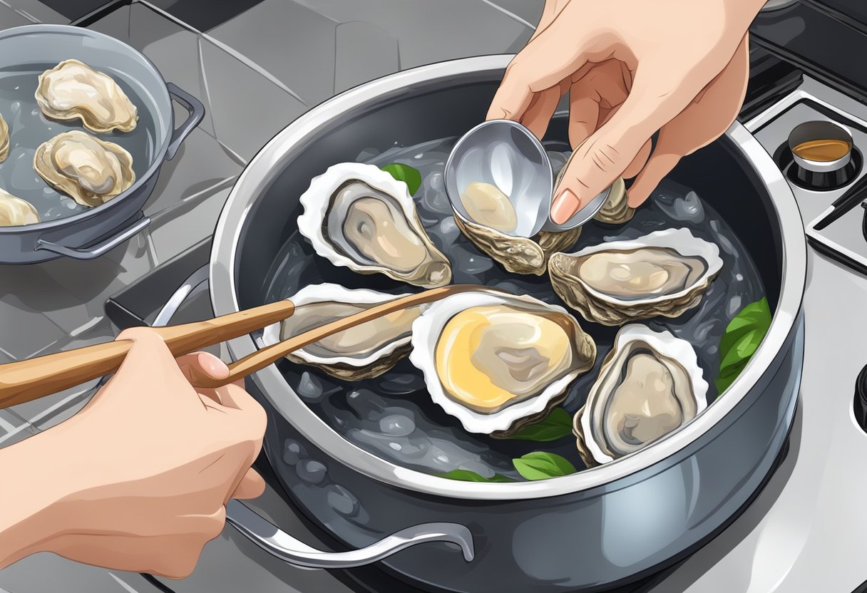 Oysters thawing in a bowl of cold water. A pot of boiling water on the stove. A hand holding a spoon to stir the oysters