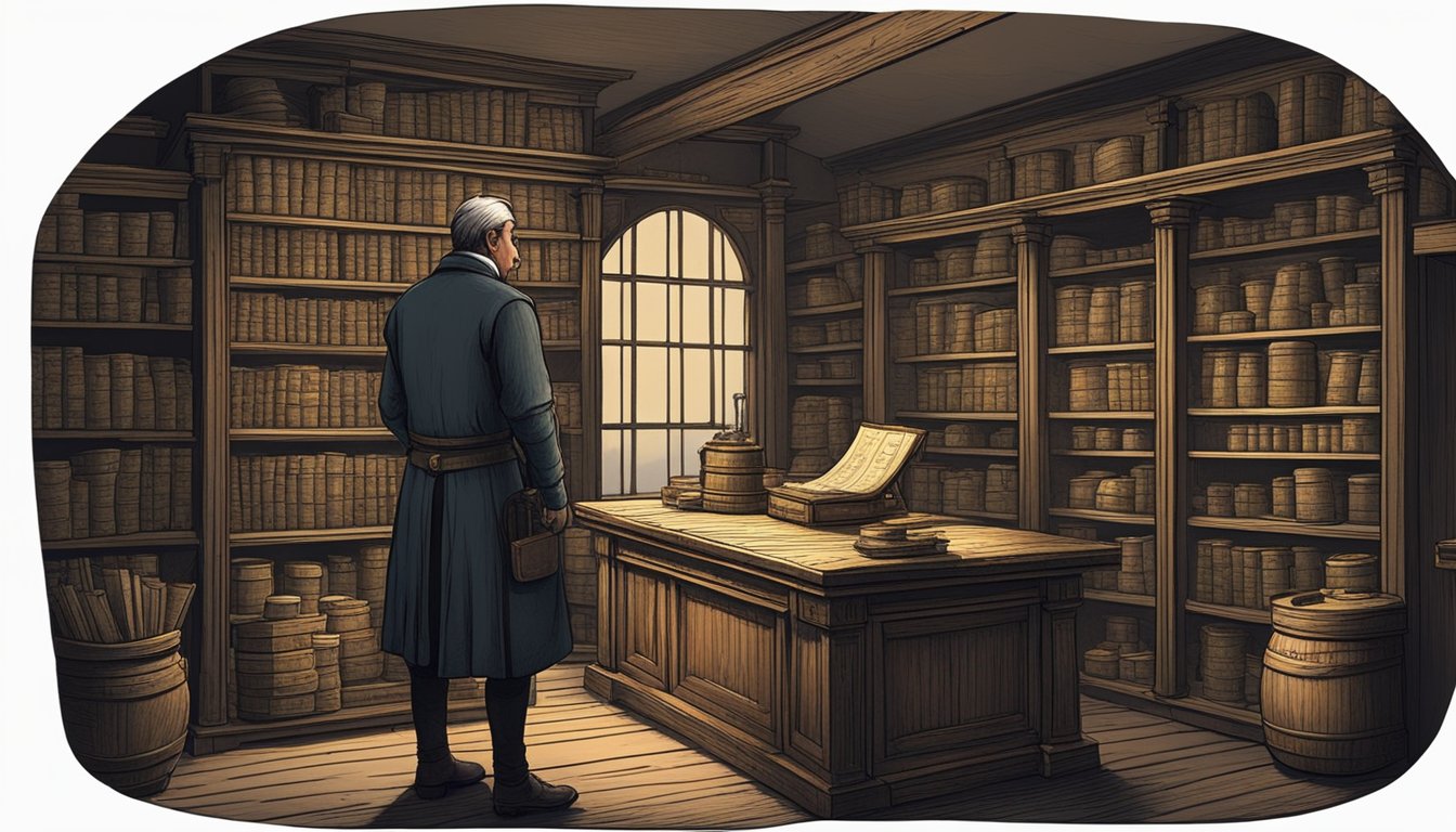 A small, dimly lit room with a heavy wooden desk and a large scale for weighing coins. Shelves line the walls, stacked with leather-bound ledgers and jars of ink. A stern-looking moneylender sits behind the desk, counting a
