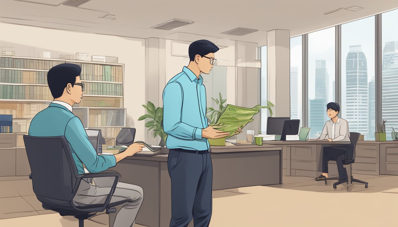 A Singaporean money lender explains loan terms to a customer in an office setting, with a prominent sign displaying "GW Money Lender" in the background