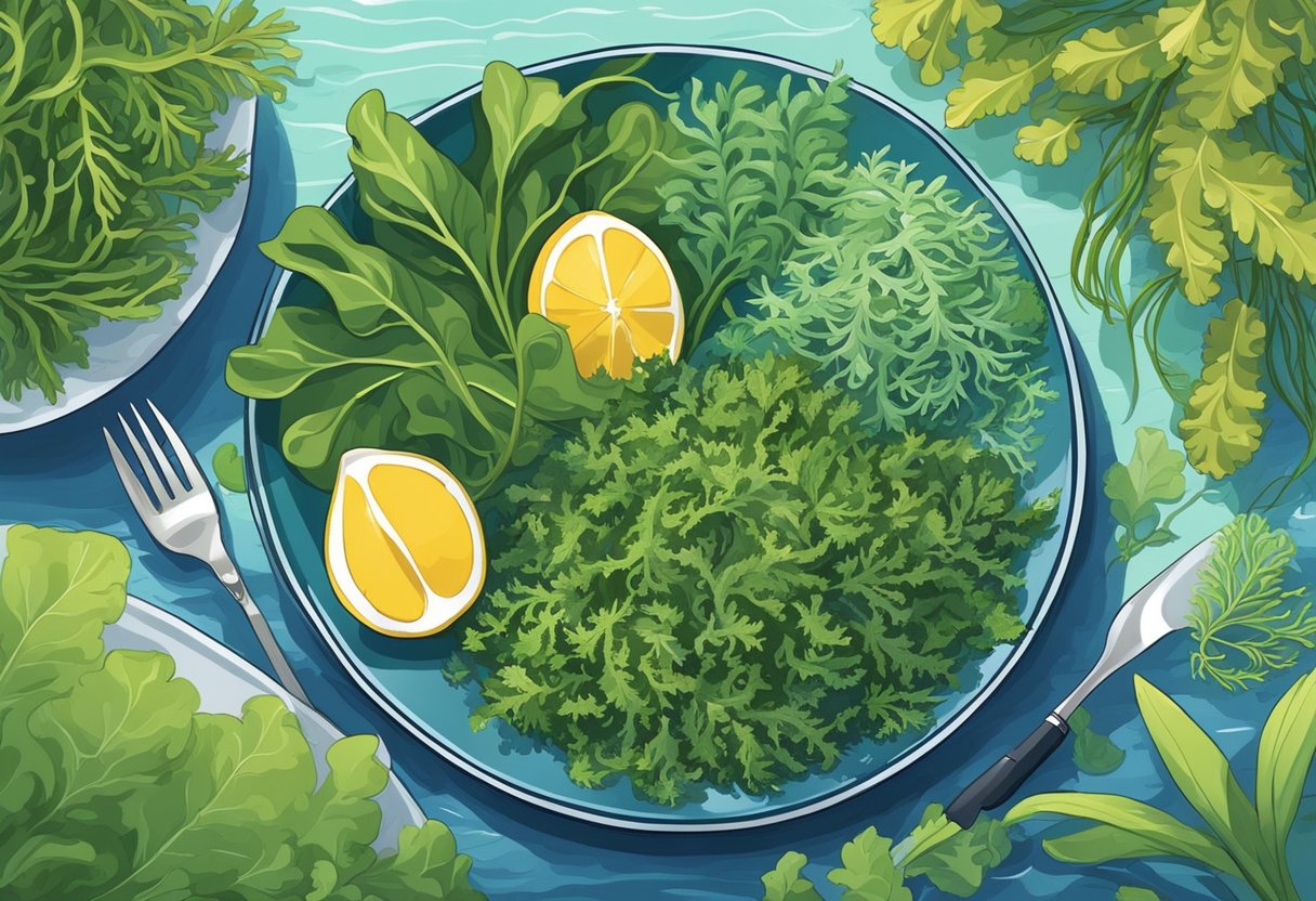 A variety of seaweed types arranged on a plate, surrounded by vibrant greens and blues of the ocean. A sense of freshness and vitality emanates from the scene