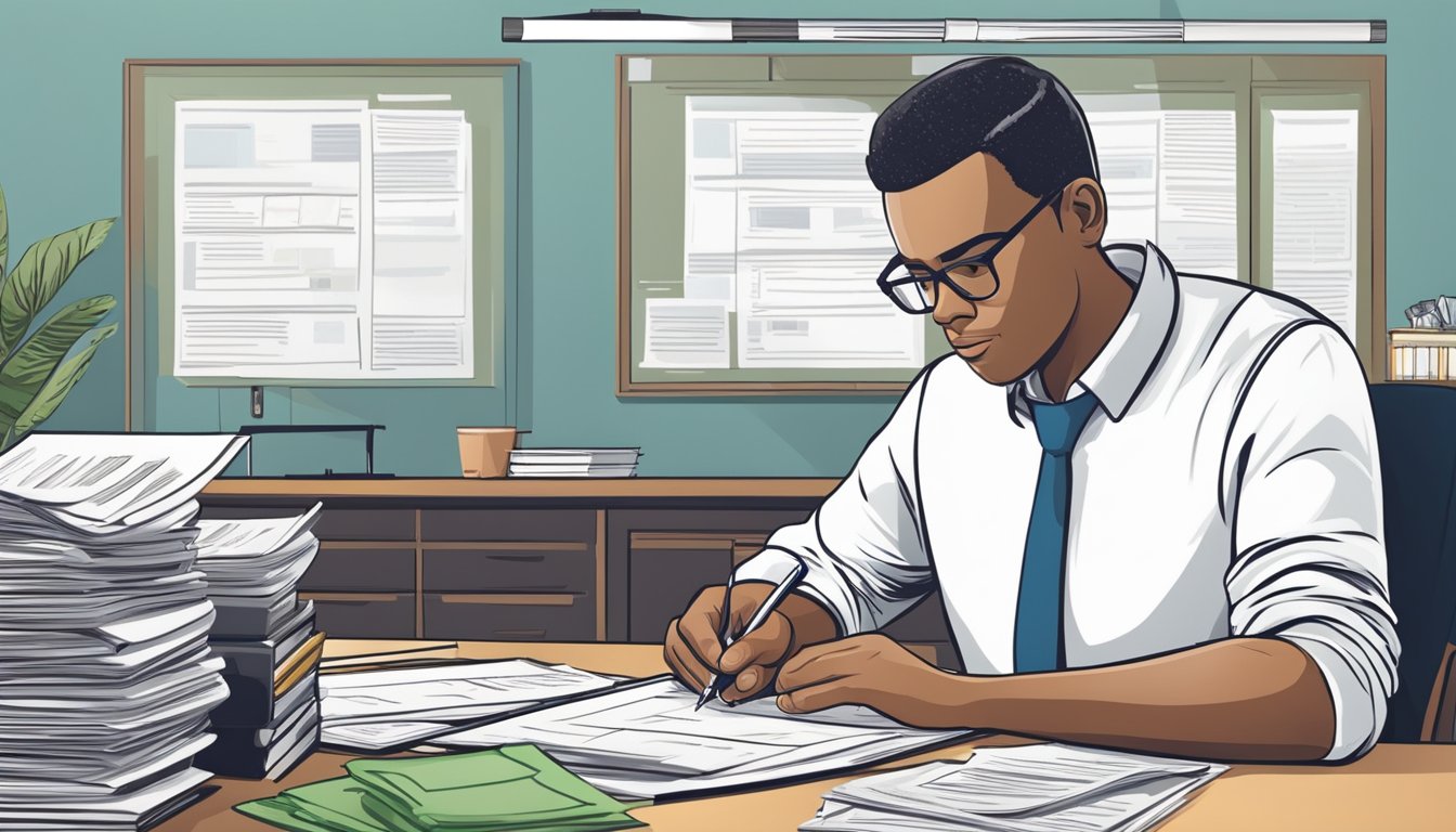 A person sits at a desk, filling out loan paperwork. A money lender reviews documents and offers guidance. The process is depicted in a professional and organized manner