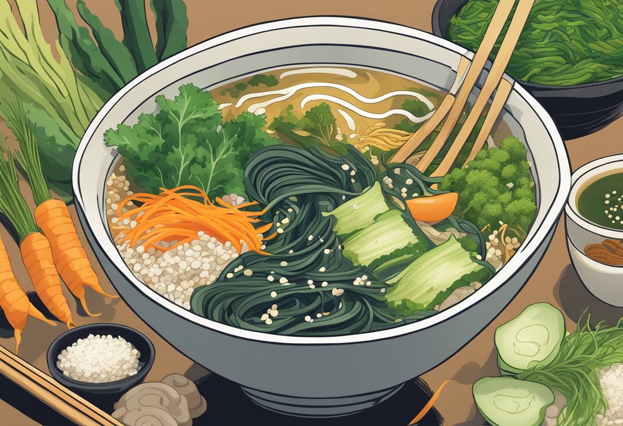 Seaweed strands swirling in a bowl of miso soup, surrounded by a variety of colorful vegetables and a sprinkle of sesame seeds
