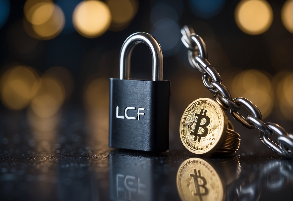 A padlock symbolizing security and a handshake symbolizing trust, with the letters "LCEF" and "cryptocurrency" in the background